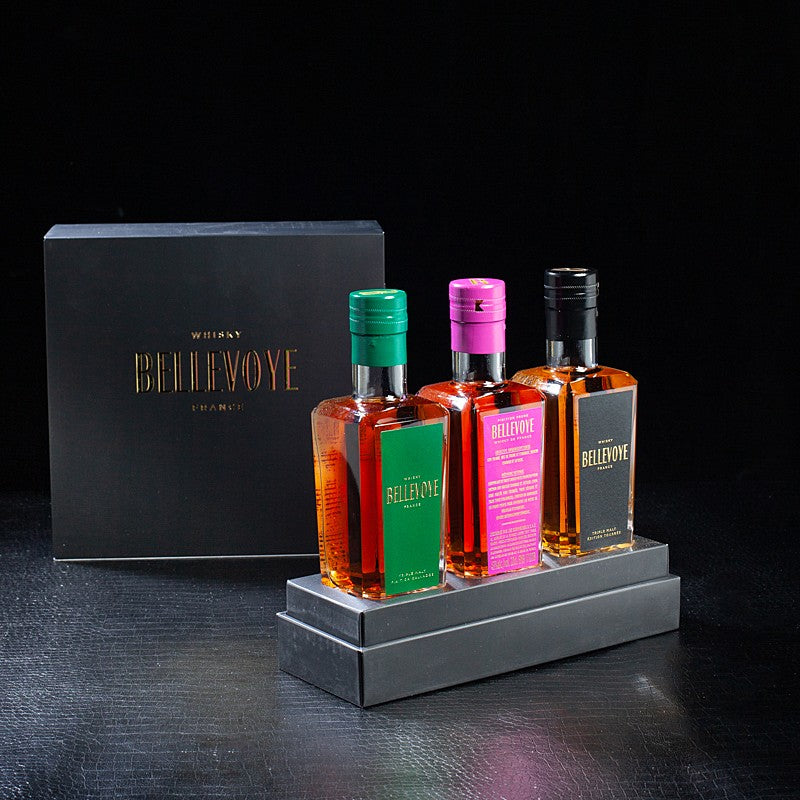 Coffret Bellevoye Noir tricolore: Triple Malt French Whisky Finition Prune, Tourbe et Calvados 3 x 30 cl