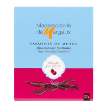 Load image into Gallery viewer, Mademoiselle de Margaux Sarments du Médoc Chocolat Noir Framboise, 125 gr